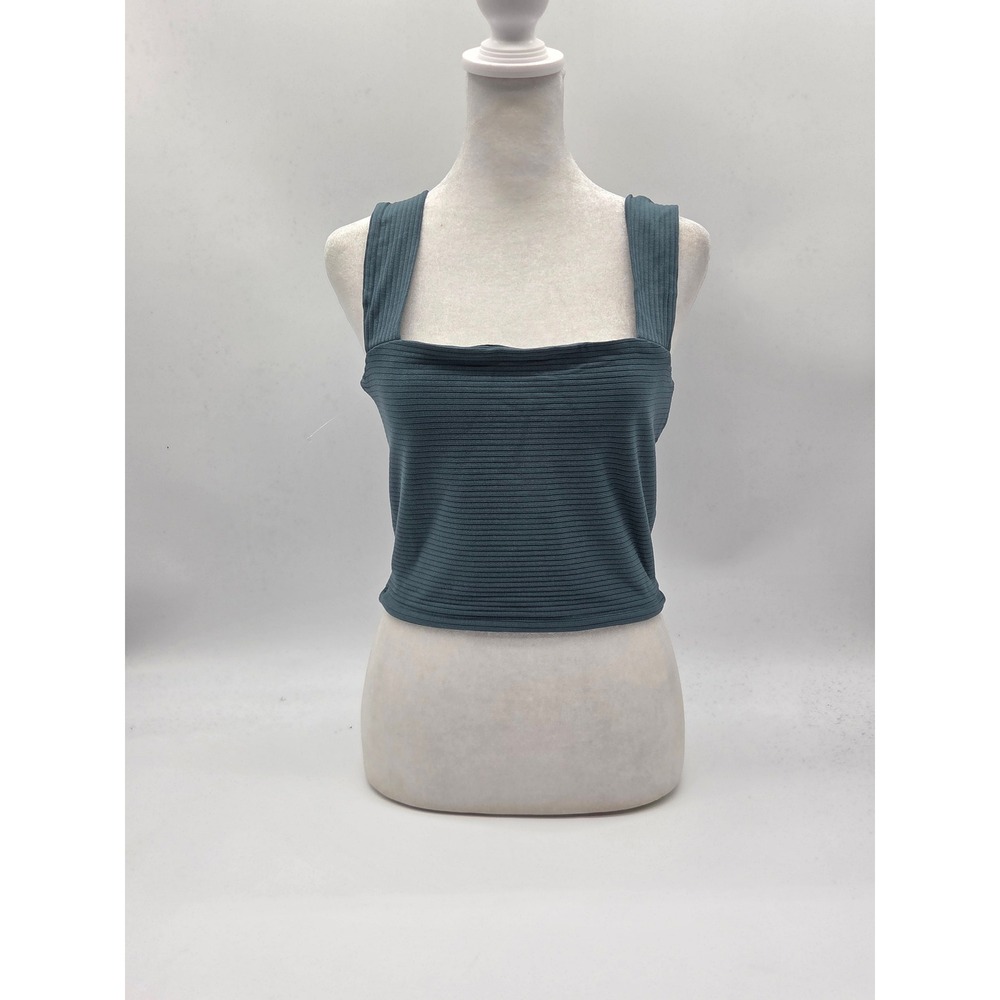 Olivaceous Women's Large Teal Ribbed Square Neck Crop Tank Top 101-449